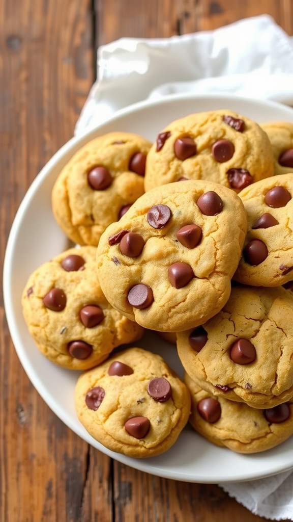 A plate of warm chocolate chip cookies with melted chocolate chips, on a rustic wooden table.